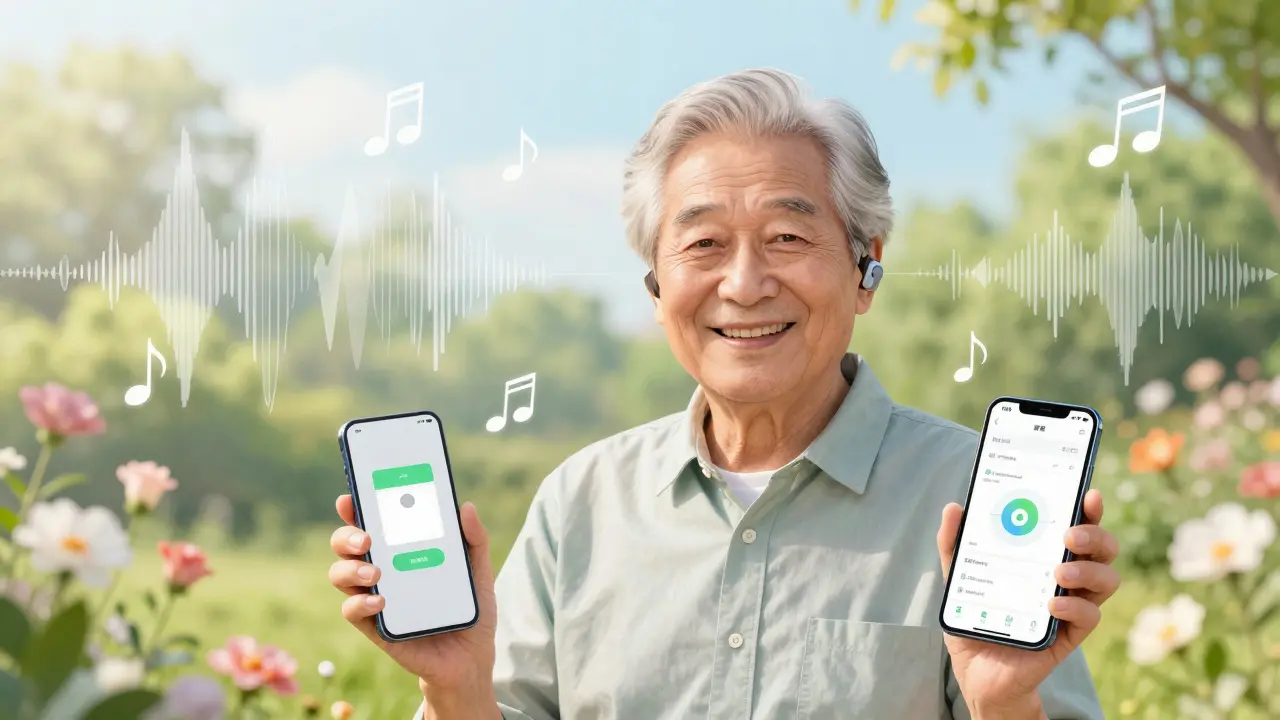 Senior with hearing aids enjoying clear sounds in a garden, Manhua art style.