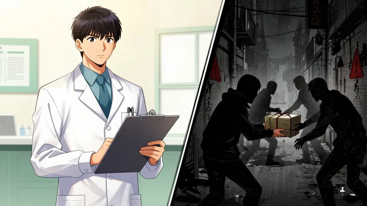 Split scene showing safe doctor visit vs shady drug deal, manhua art