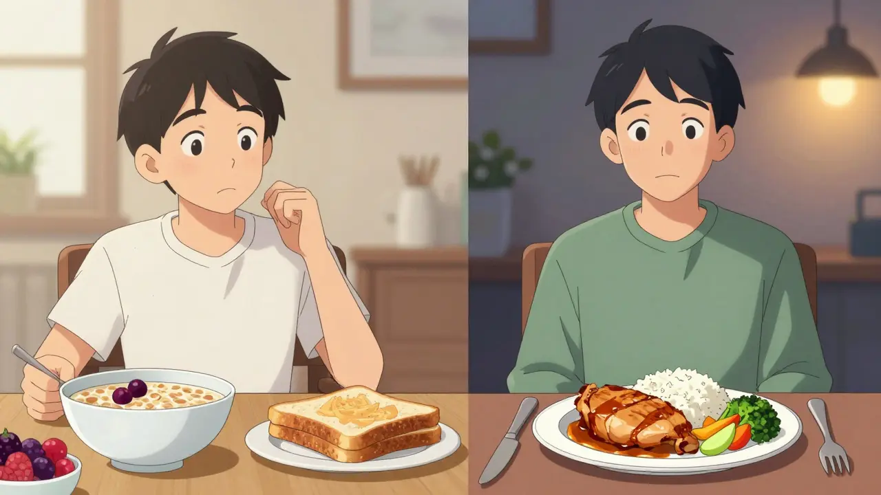 Split screen showing low-protein breakfast and high-protein dinner for diet management.