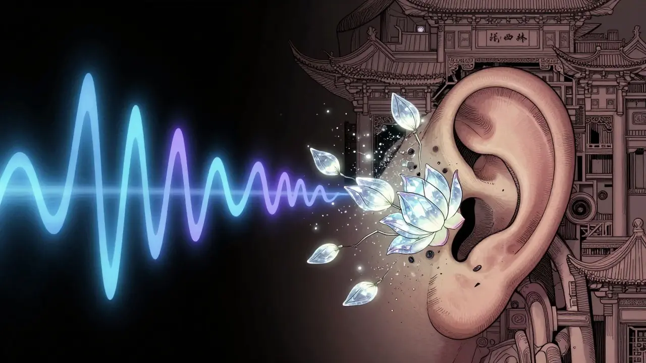 Stylized Manhua illustration of deteriorating hair cells in the human inner ear.