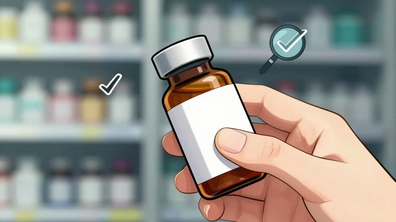 Close up of hand checking medicine bottle label