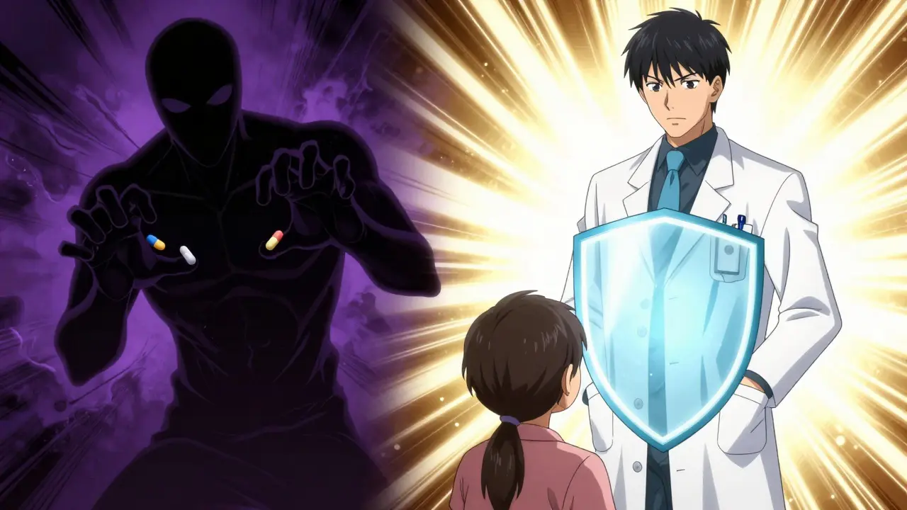 Contrasting anime artwork depicting the dangers of scam websites versus the safety of licensed medical providers in a telehealth context.