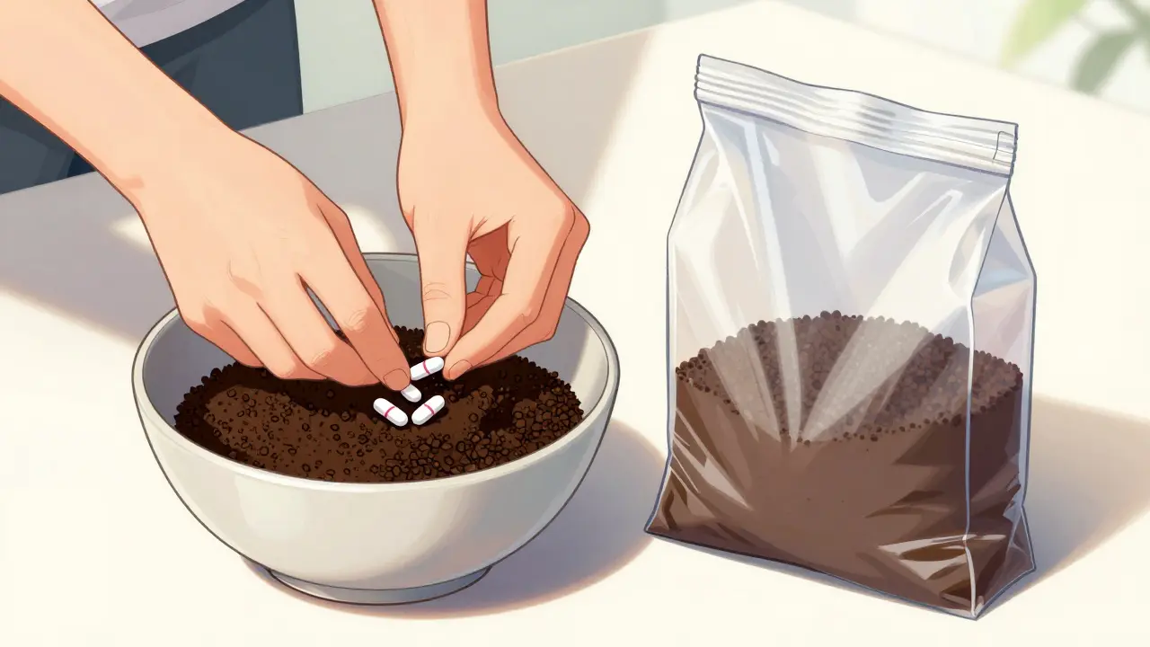 Hands mixing pills with coffee grounds for disposal