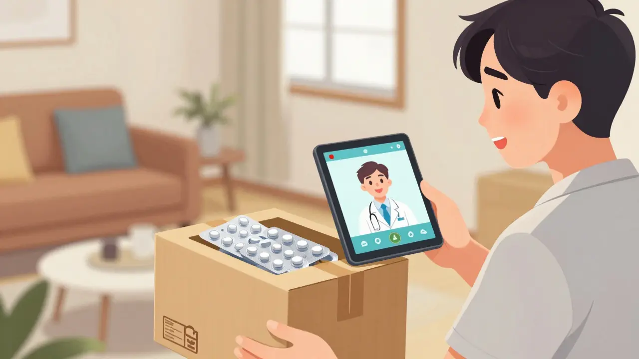 Happy patient receiving medication delivery from home in manhua style
