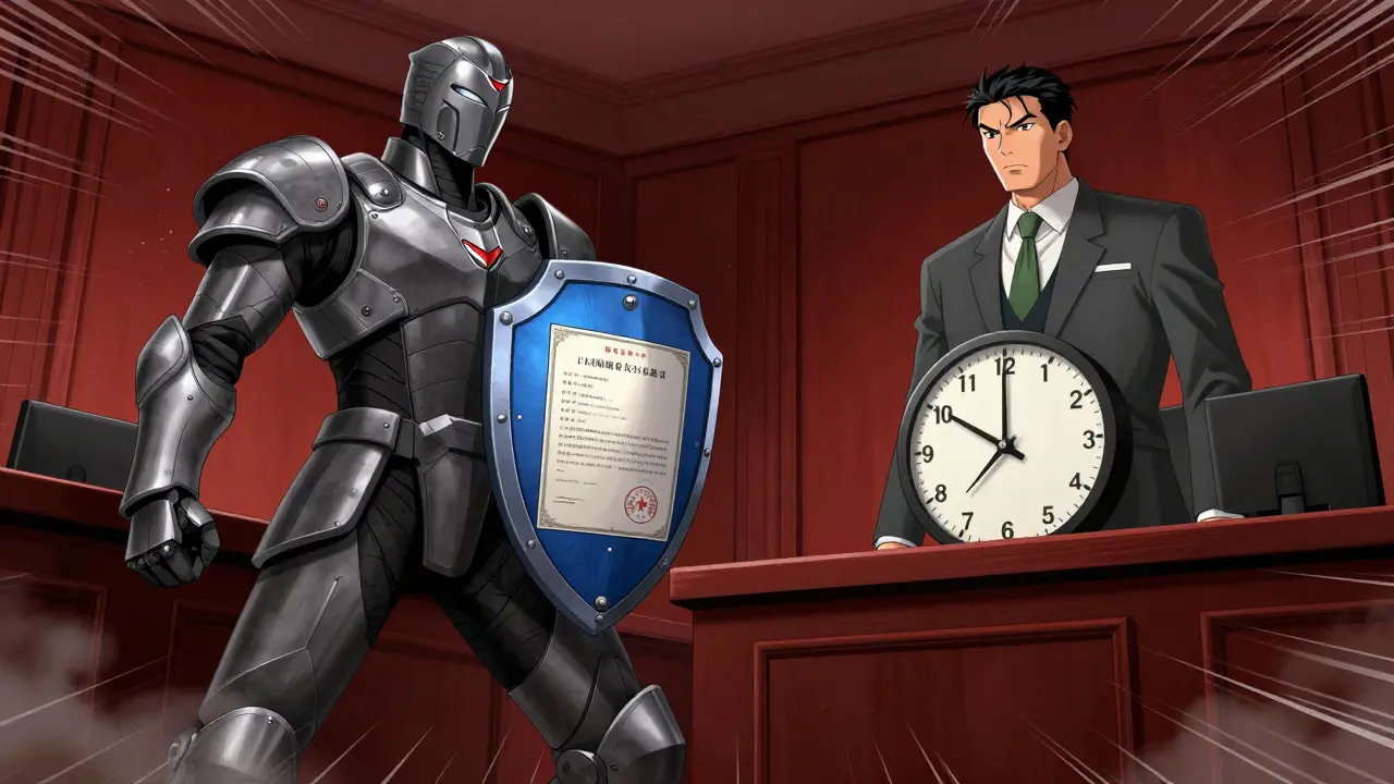 Legal battle scene with brand company shield vs generic manufacturer behind clock