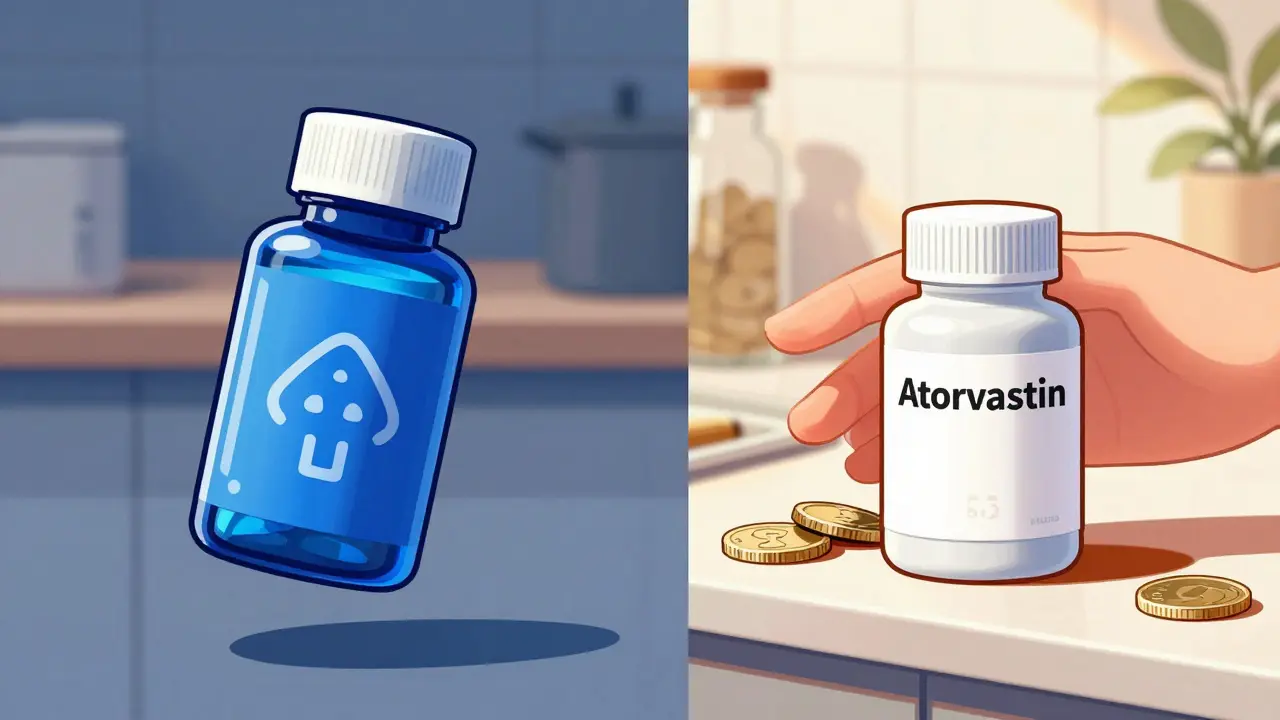 Manhua illustration comparing expensive brand drug vs cheap generic pills on a table.