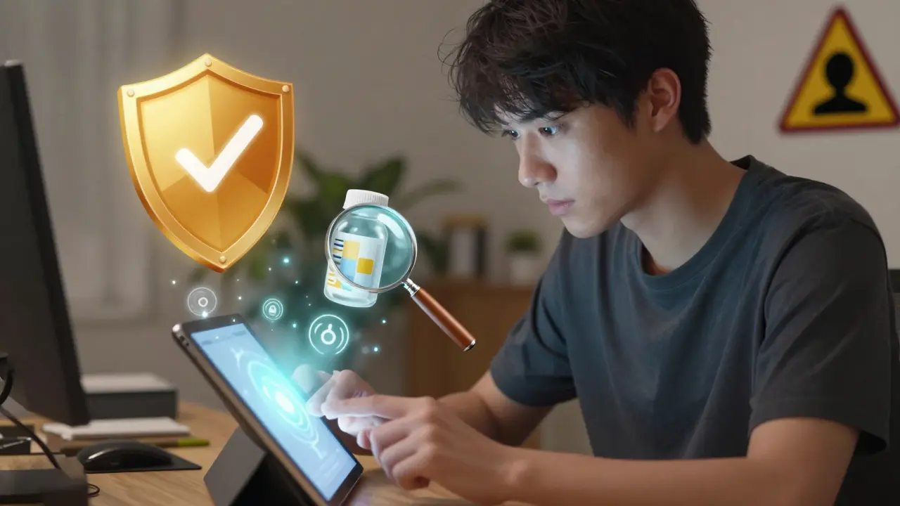 Manhua style image of a person verifying online pharmacy safety with shields and checks.
