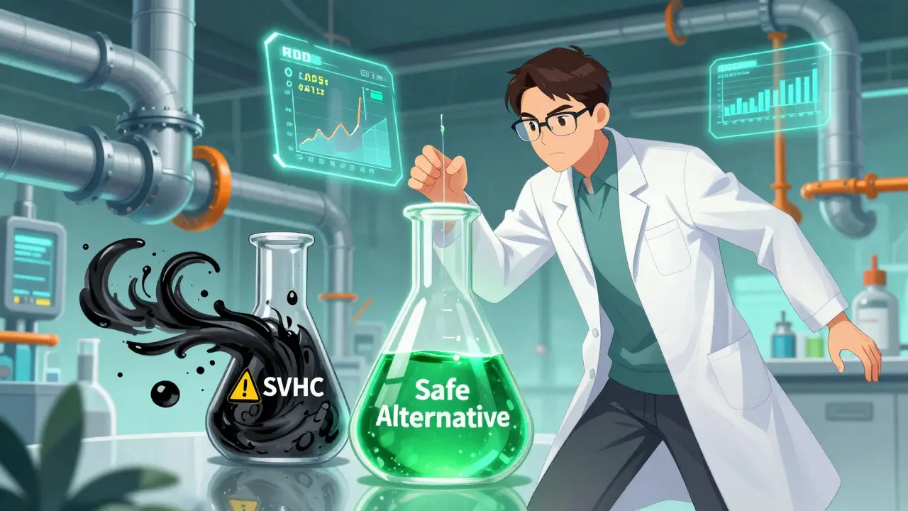 Manhua style lab scene showing replacement of toxic chemicals with safe ones