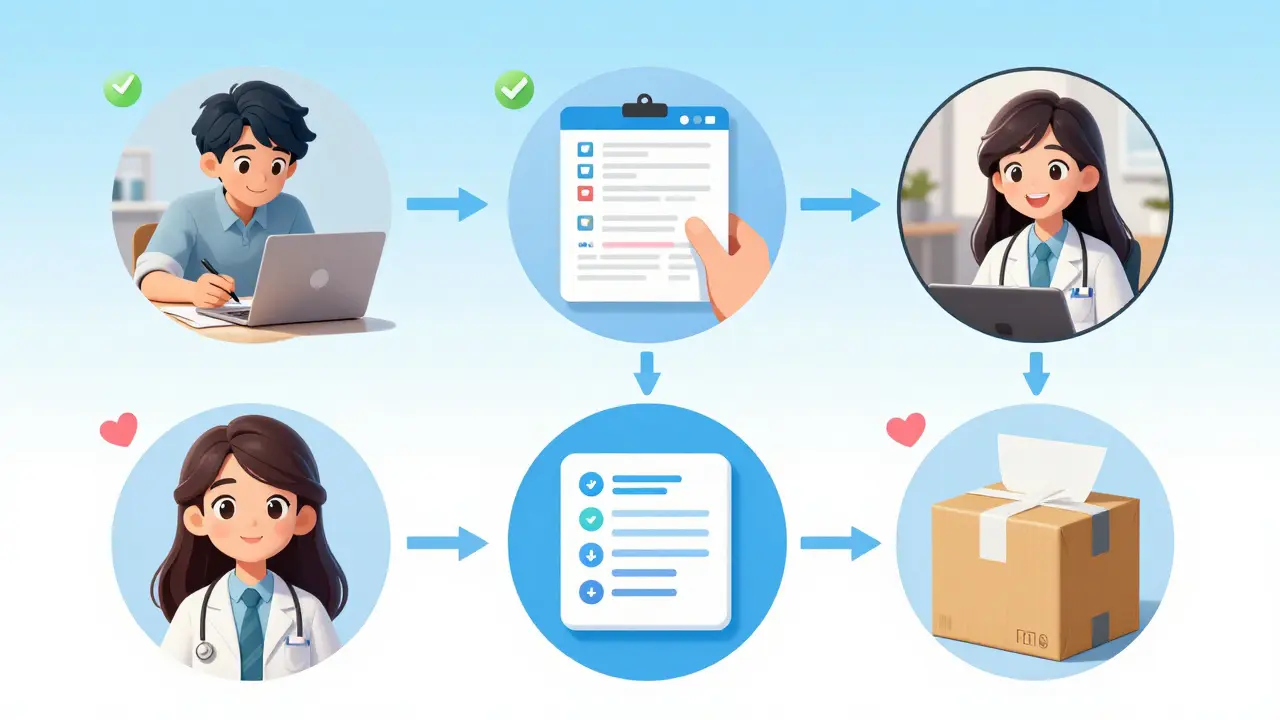 Manhua style step-by-step visual guide showing the five stages of obtaining a prescription online through legitimate telehealth services.