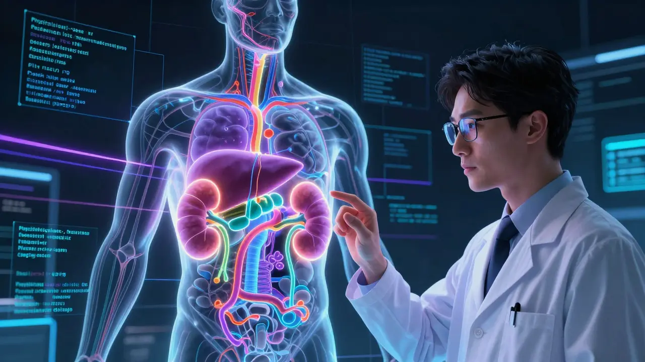 Researcher using 3D modeling for drug absorption simulation.
