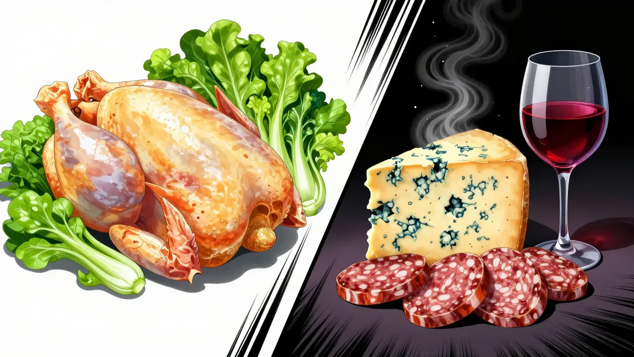 Safe fresh foods vs dangerous aged tyramine-rich foods