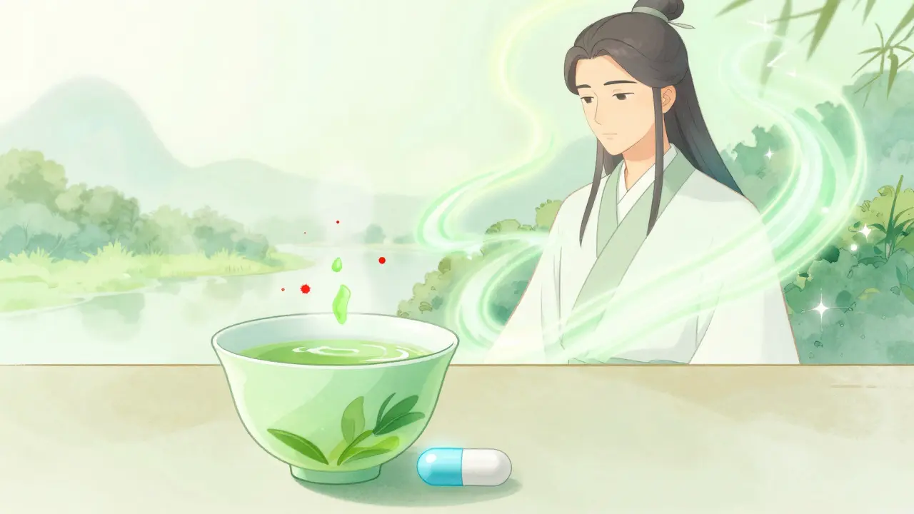 Serene Manhua scene of green tea and L-theanine calming caffeine effects with gentle green energy