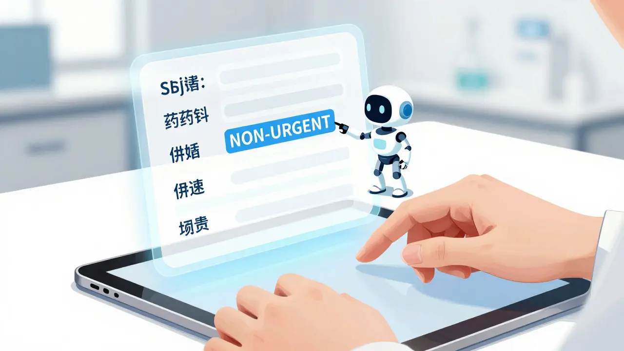 Anime style tablet displaying structured medication question template with holographic guide