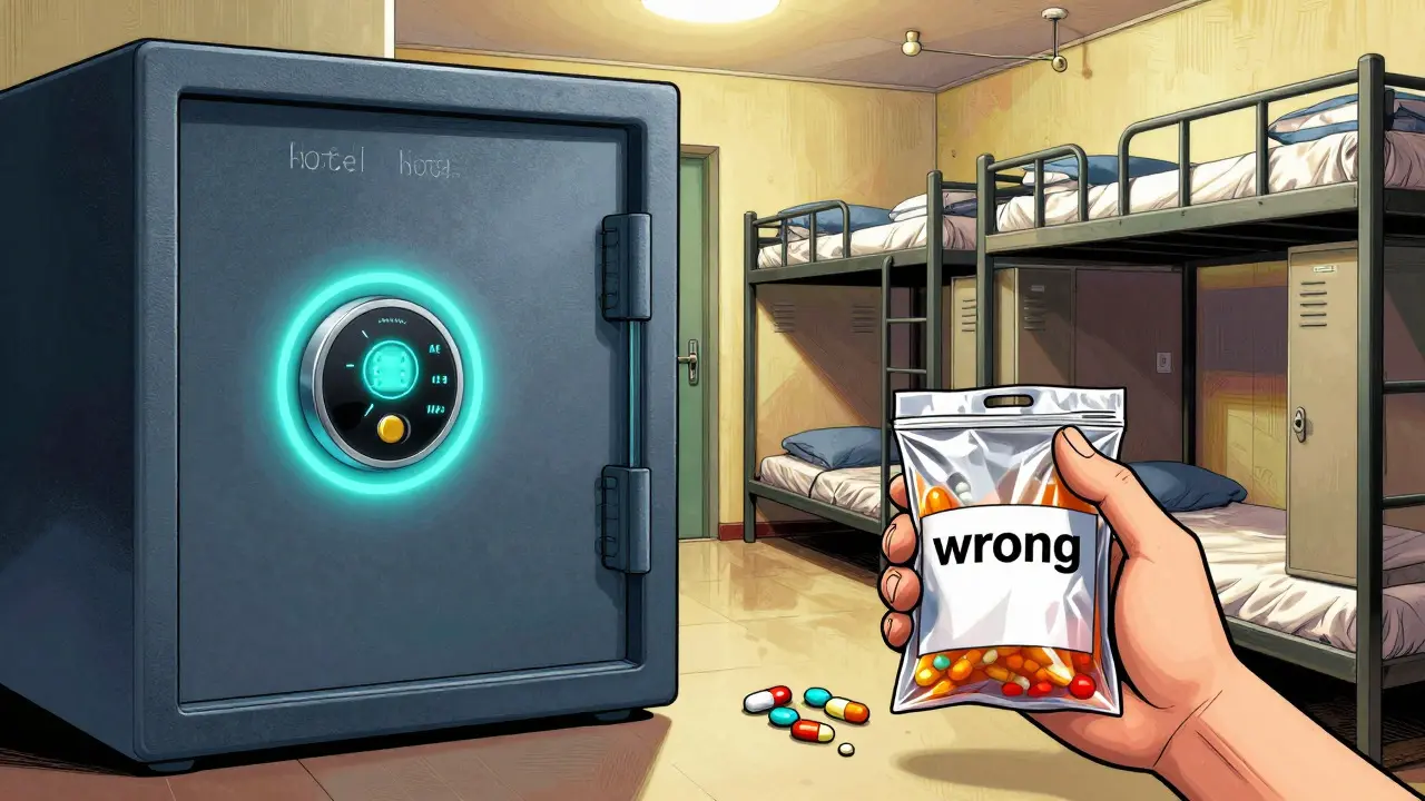 Comparison of hotel safe security versus risky hostel dorm storage