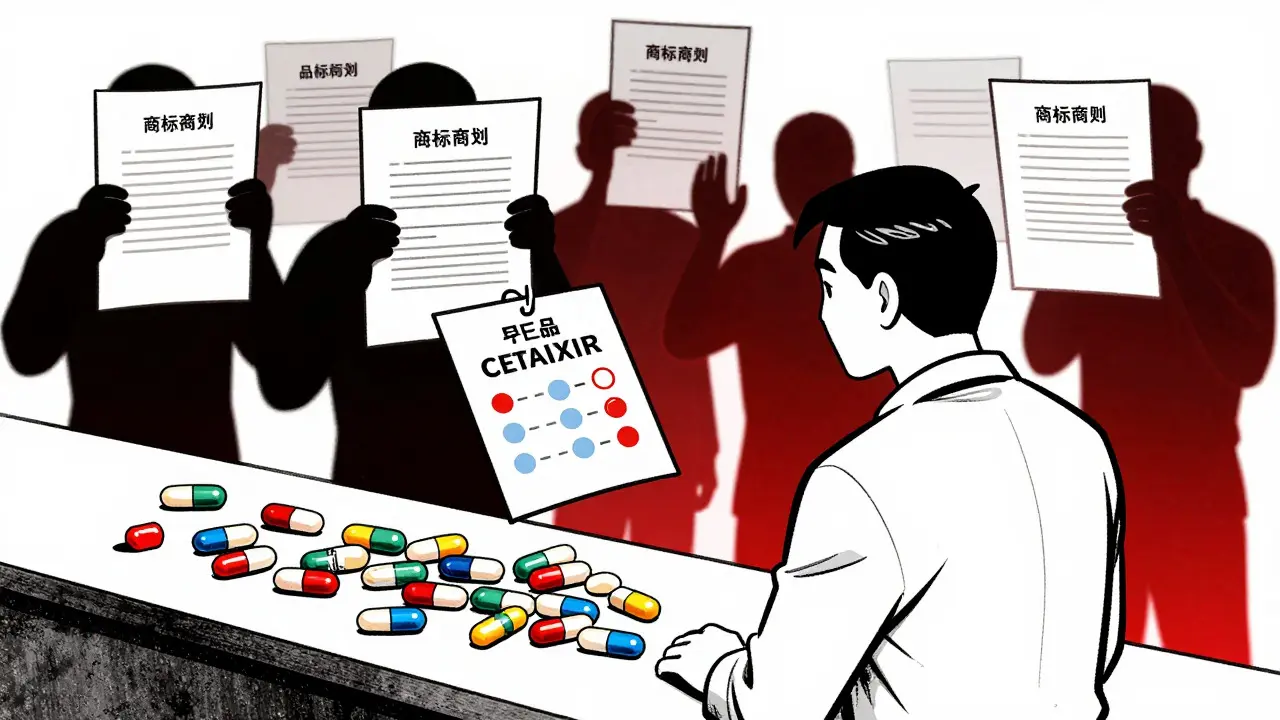 Conceptual art of generic drug manufacturers facing trademark and cost pressures.