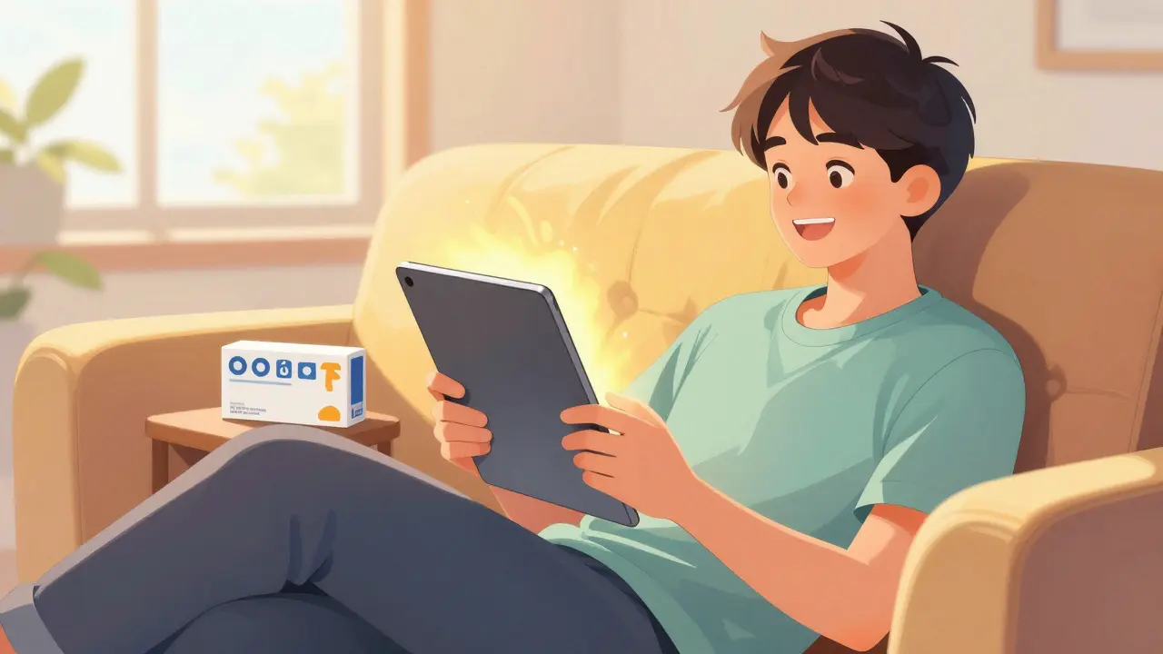 Happy person on sofa with medication and tablet