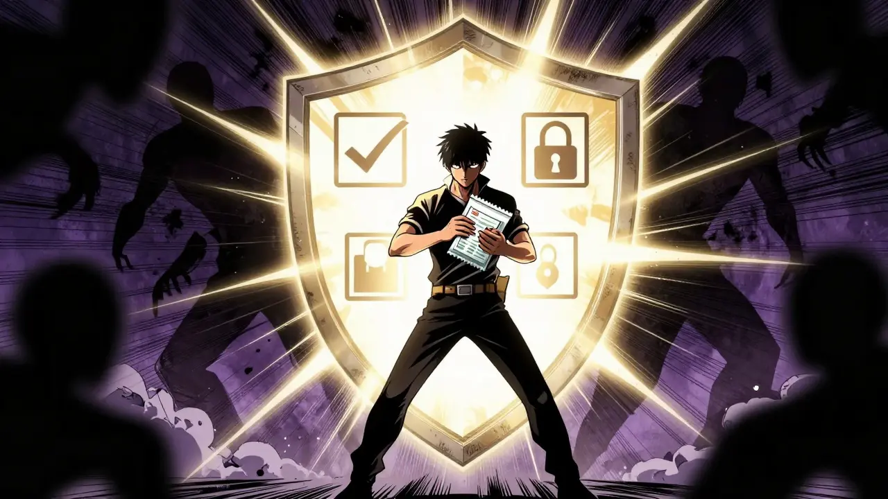 Hero protected by a safety shield against shadowy scam pharmacy figures.