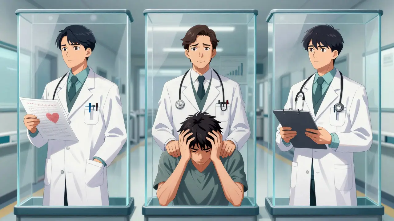 Manhua illustration of doctors in separate silos missing the whole patient picture