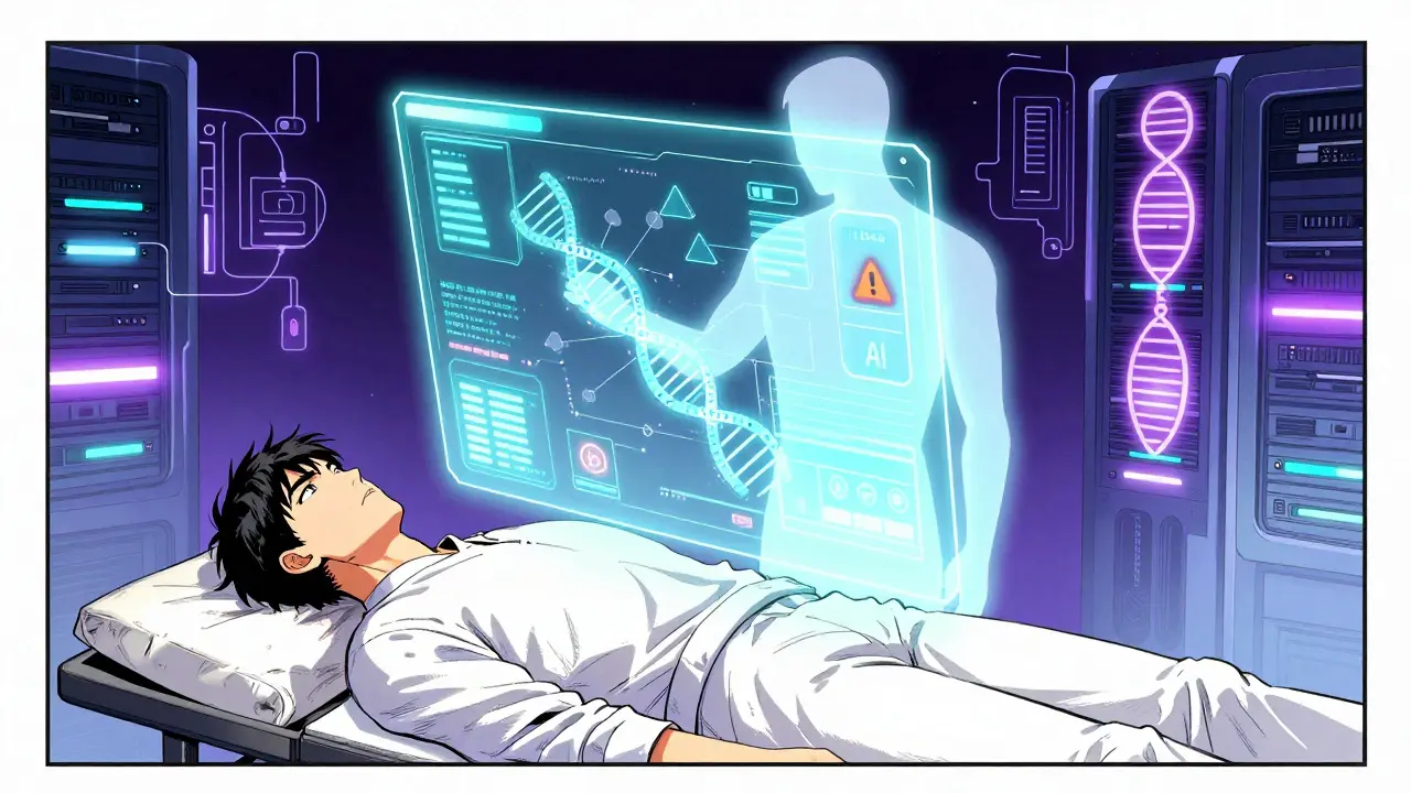 Manhua style futuristic AI monitoring system detecting medical risks in a patient