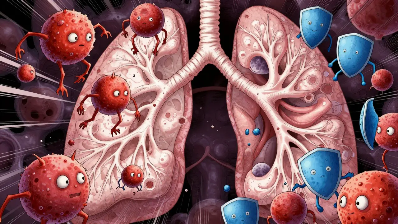 Microscopic view of enzymes destroying lung tissue defended by weak shields