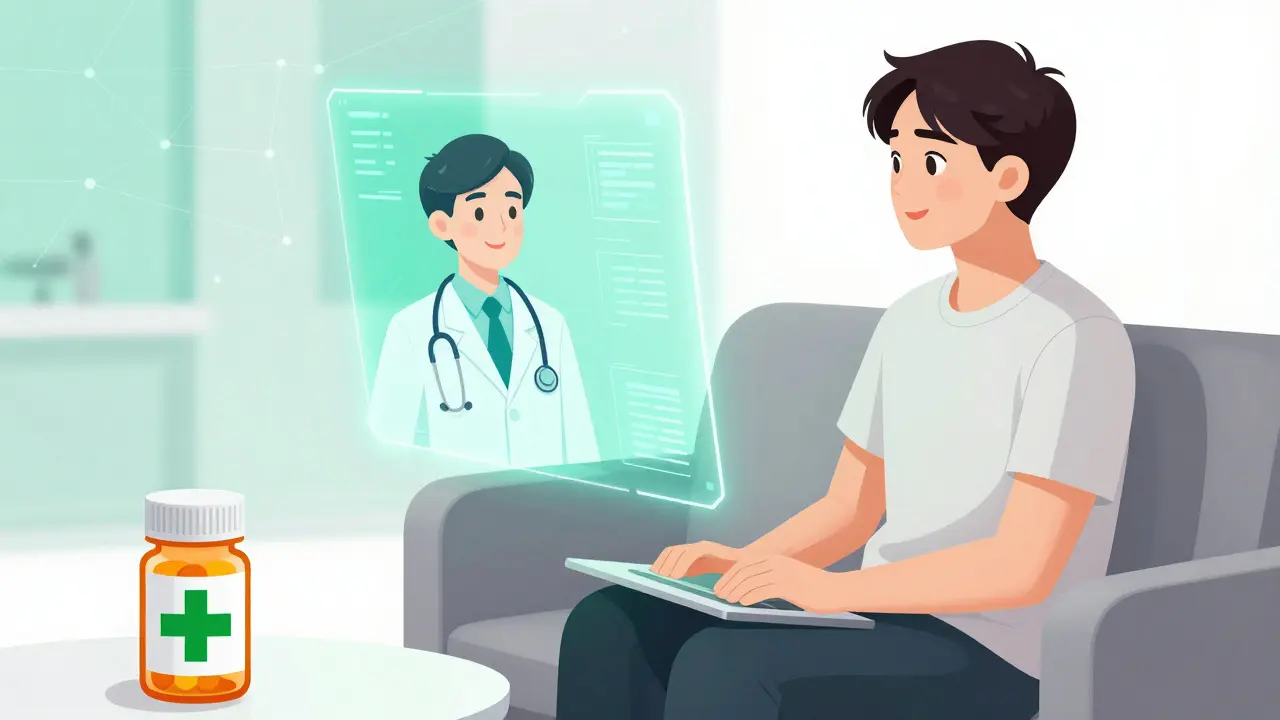 Patient having a calm virtual doctor consultation via hologram interface.