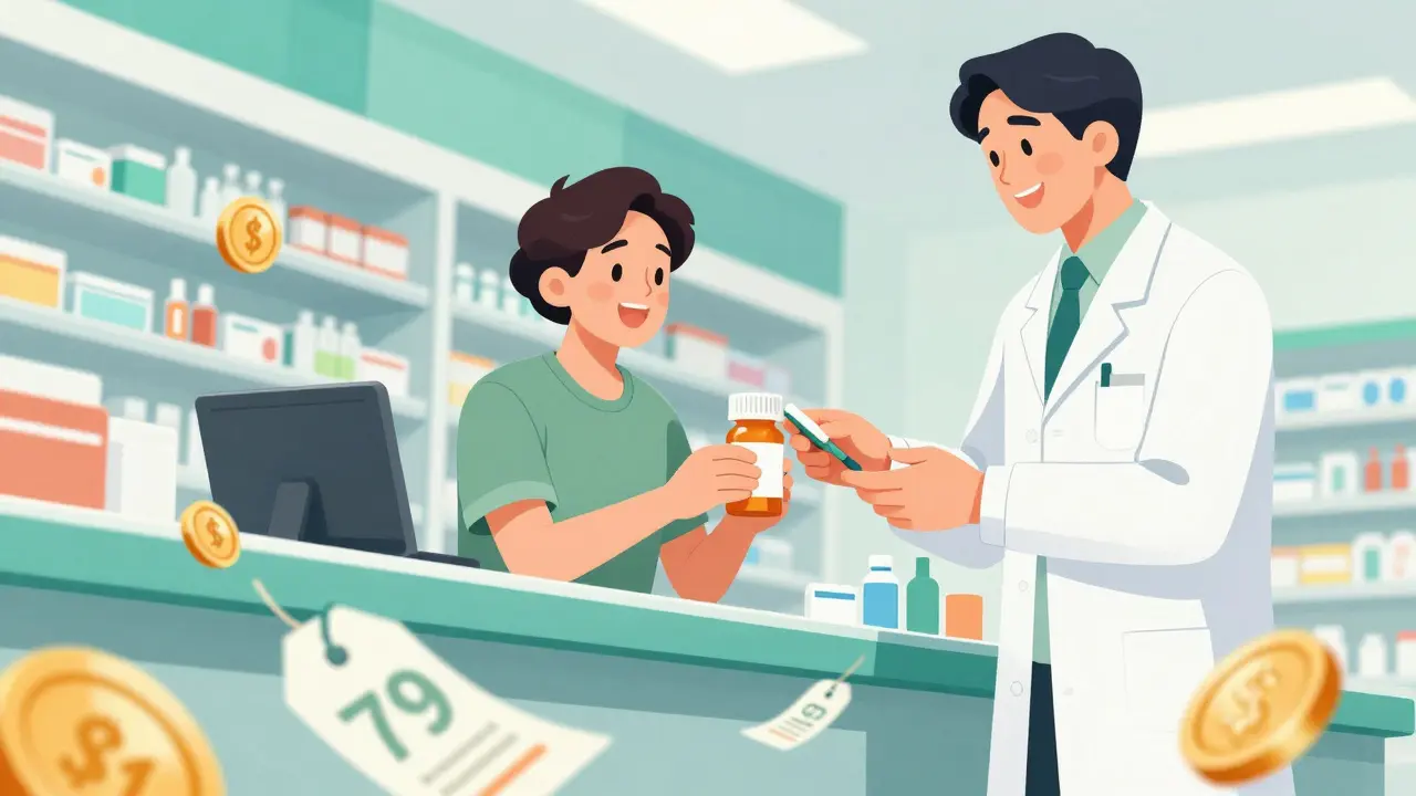 Patient receiving affordable biosimilar medication at pharmacy