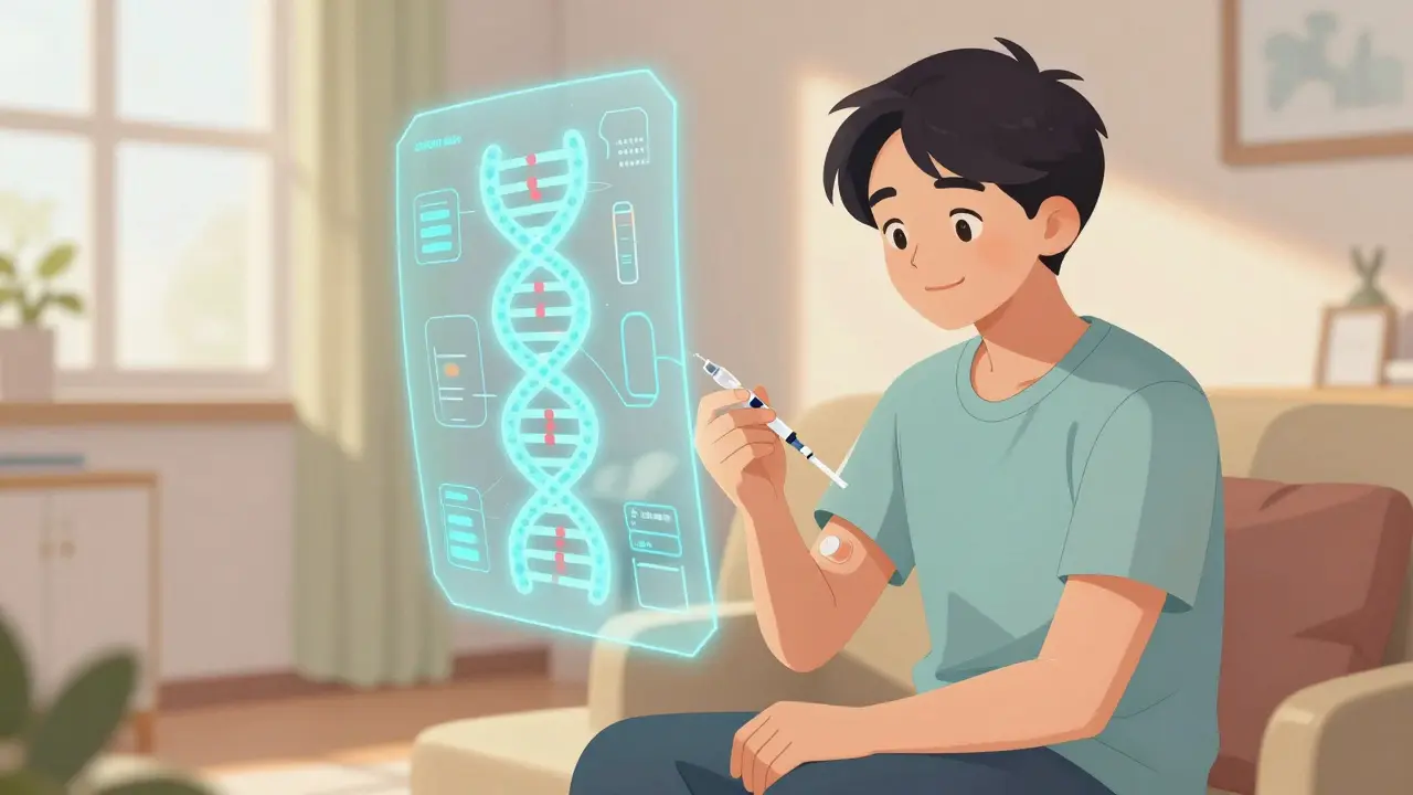 Patient self-injecting at home with glowing DNA helix representing new therapies
