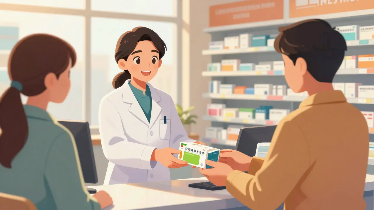 Pharmacist handing medication to smiling customer