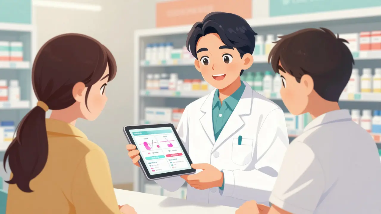 Pharmacist reassuring a patient about a changed pill appearance.