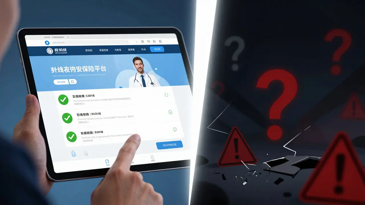 Split screen showing safe vs fake online pharmacy sites