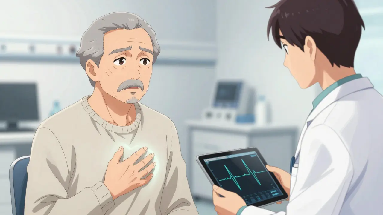 Anime depiction of an elderly patient and doctor discussing heart monitoring