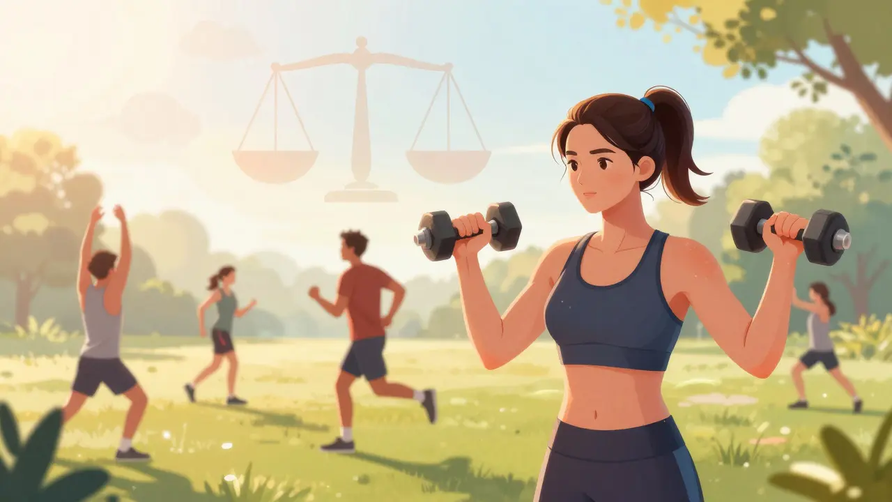 Anime style scene of people exercising in a park at sunrise with glowing muscle highlights