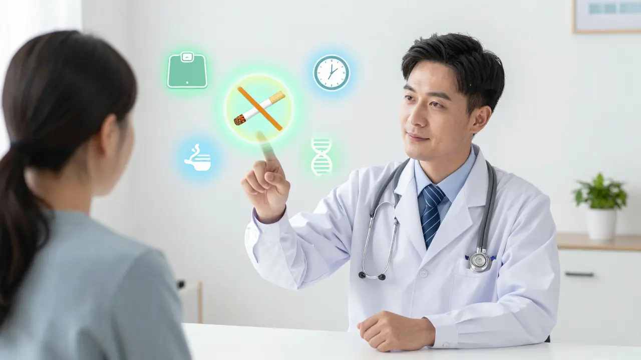 Doctor and patient discussing health risks with floating medical icons in anime style