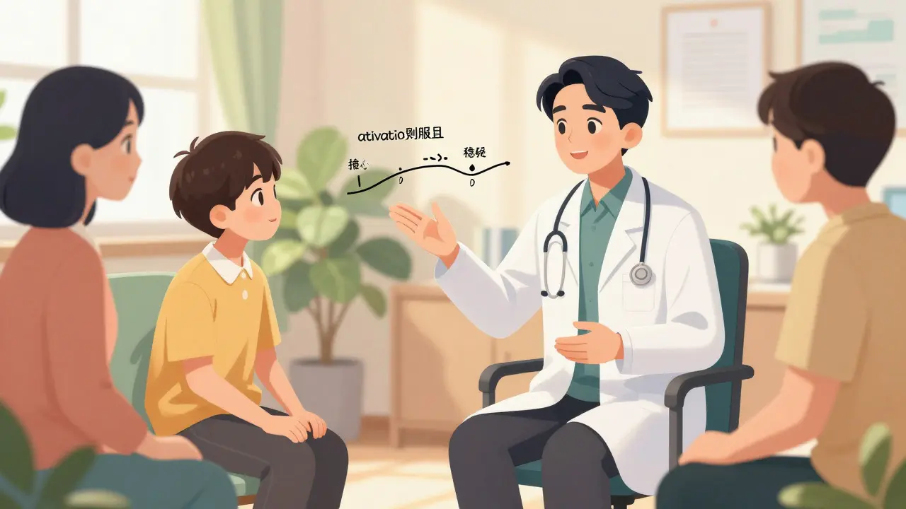 Doctor explaining treatment timeline to patient and parents in bright, supportive clinic