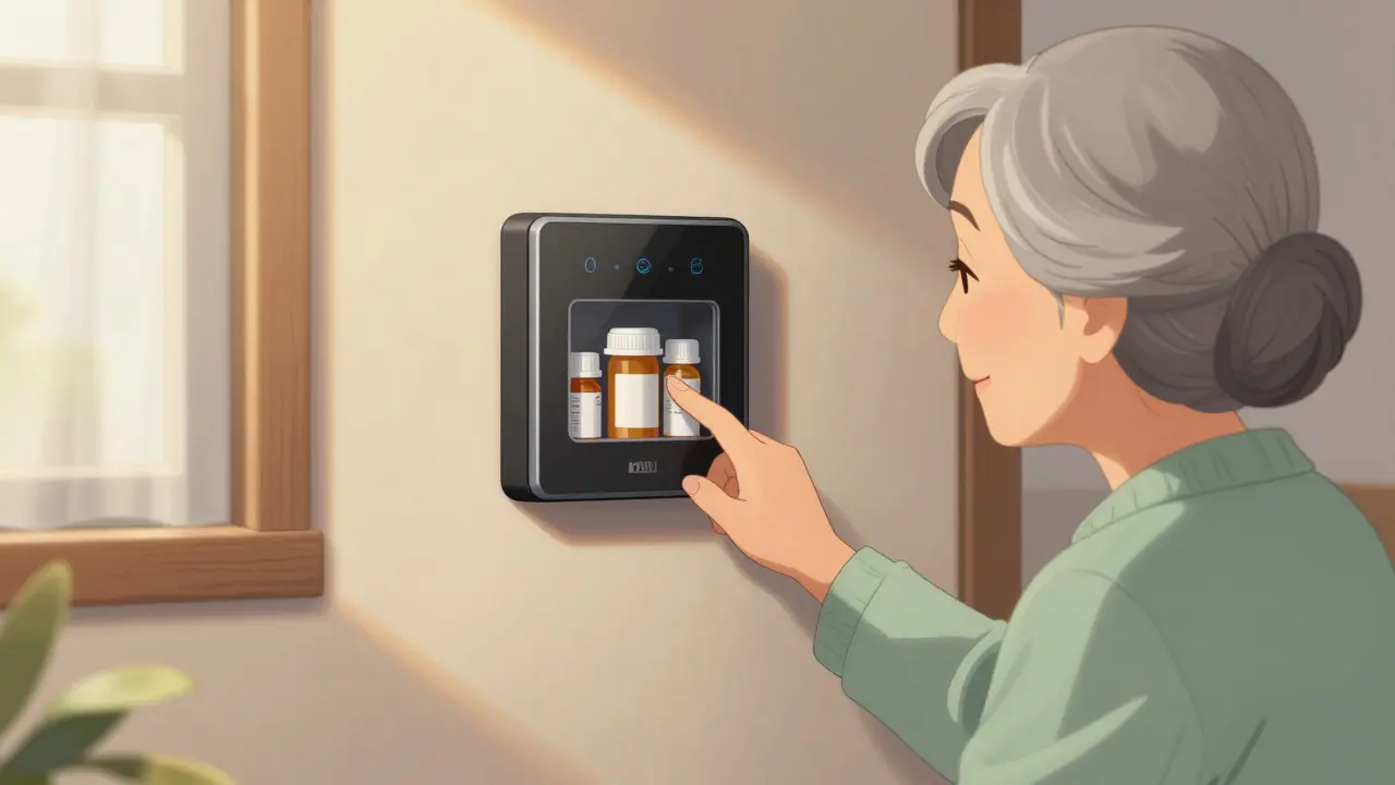 Elderly woman using a wall-mounted biometric medication lockbox
