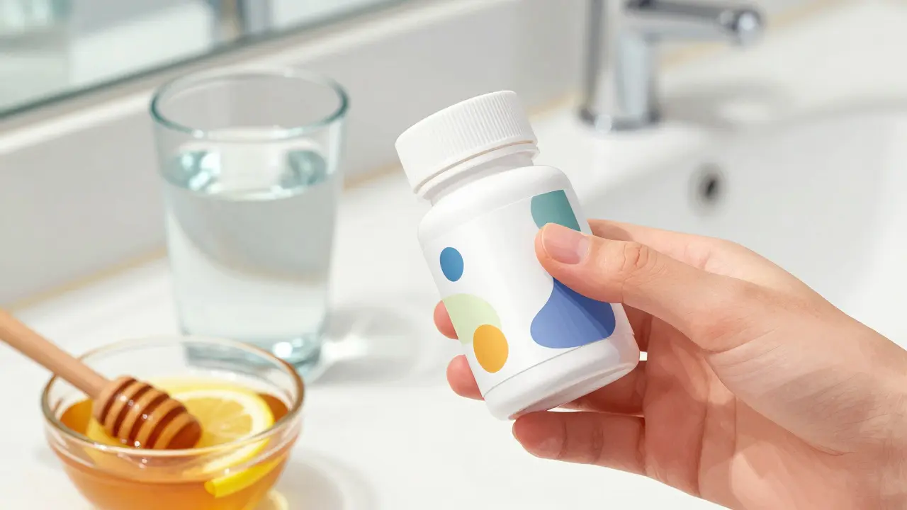 Hand holding a pill bottle next to a glass of water and honey tea