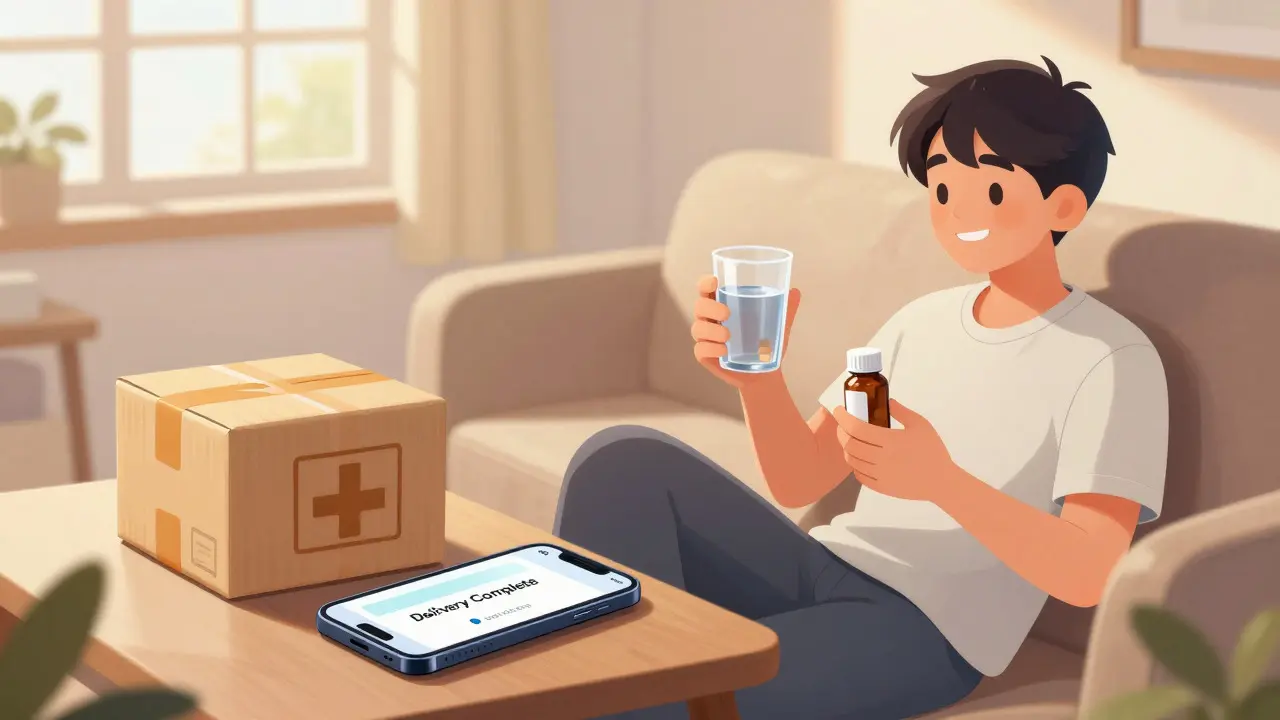 Happy person receiving medication delivery package at home