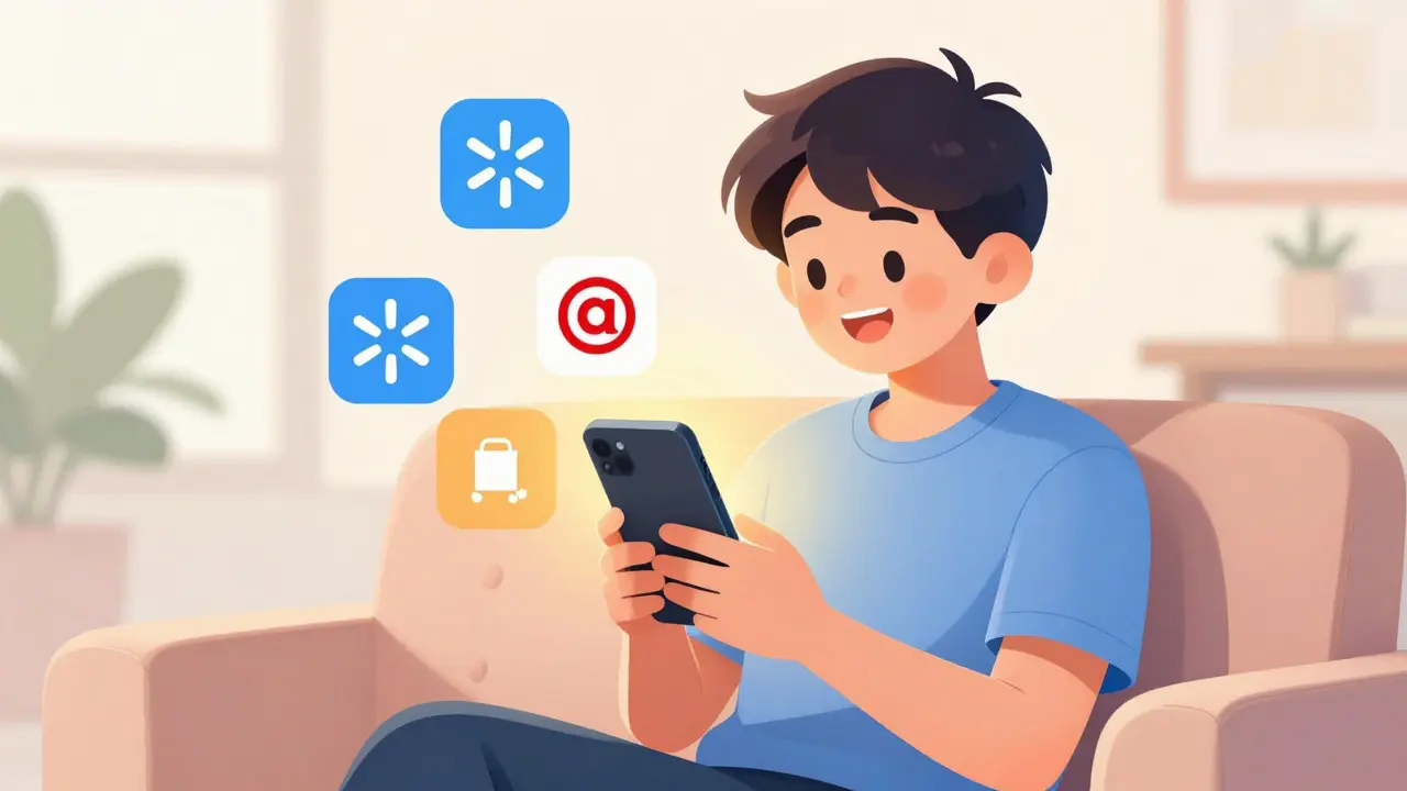 Manhua style character happily buying medicine safely on smartphone