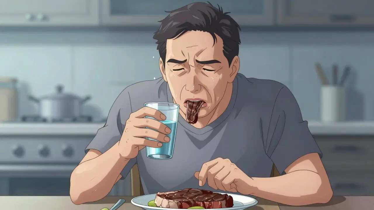 Middle-aged man struggling to swallow meat at a dinner table in manga style