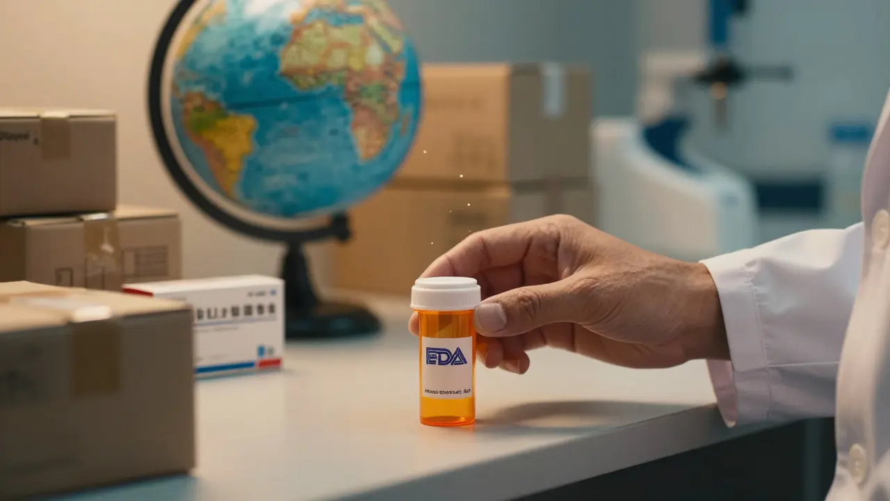 Pharmacist handing over a verified prescription bottle with warm lighting.