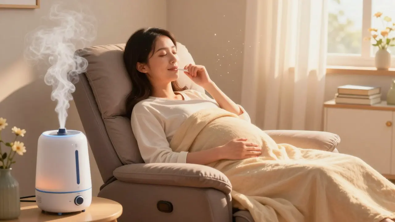 Relieved pregnant woman resting in bed near a running humidifier