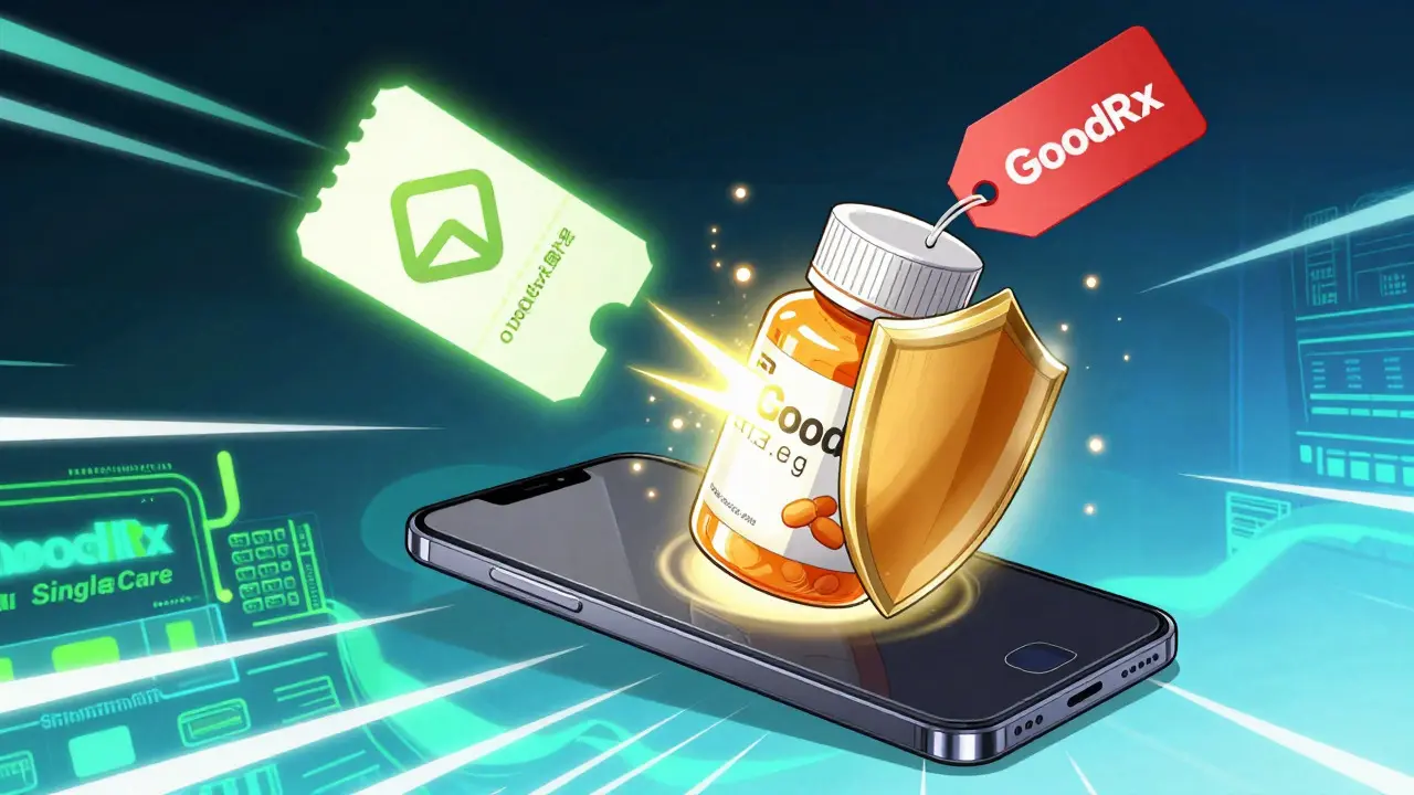 Smartphone with digital coupon protecting a pill bottle from high prices.