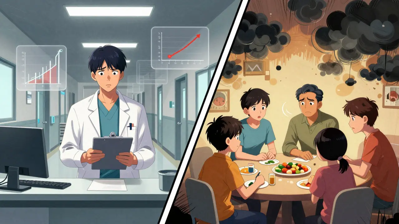 Split screen showing doctor with stats vs family discussing mental health treatment risks