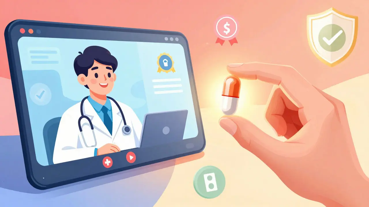 Telehealth consultation and secure generic pill delivery concept