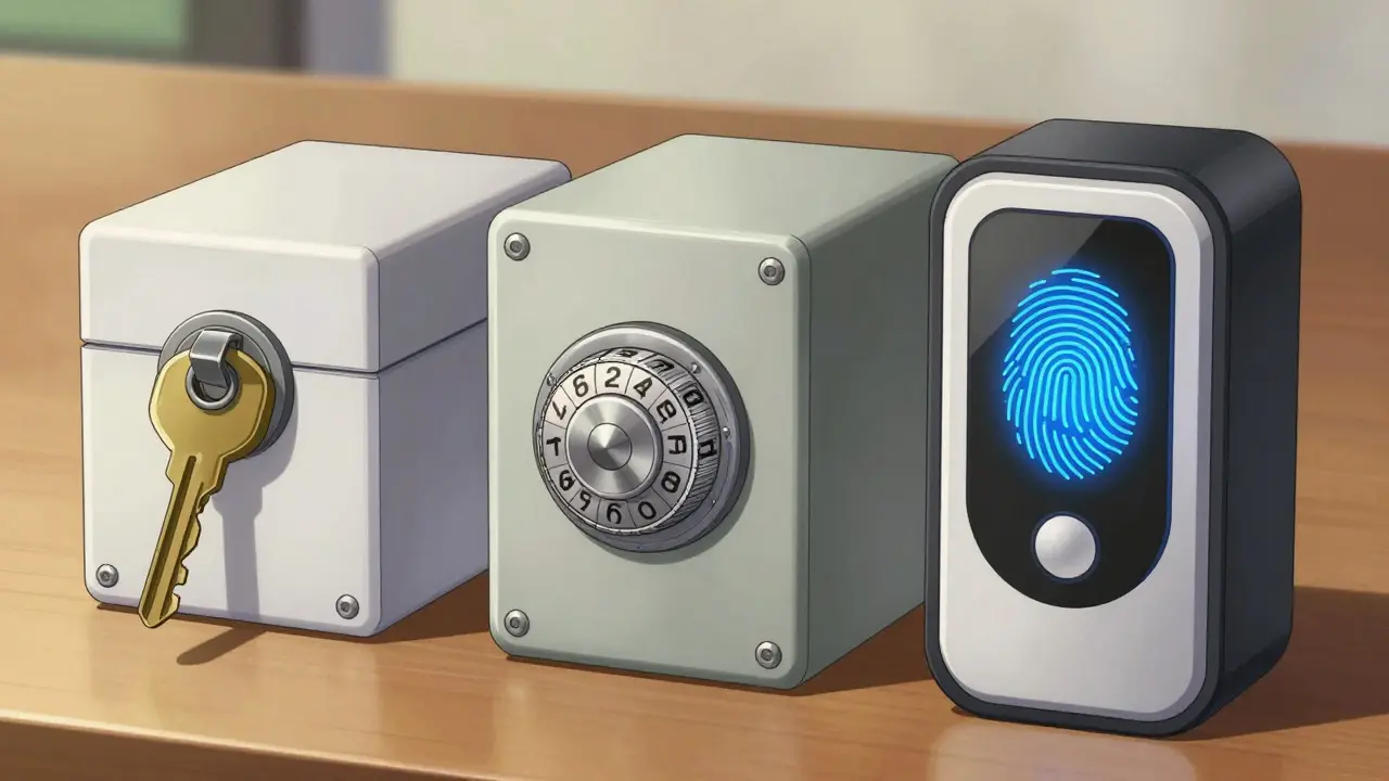 Three types of medication lockboxes: key, combination, and biometric