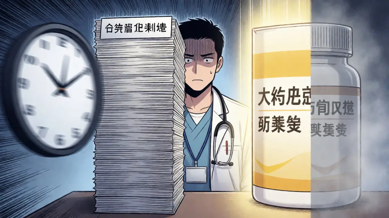Stressed doctor facing paperwork and a ticking clock next to brand vs generic drugs