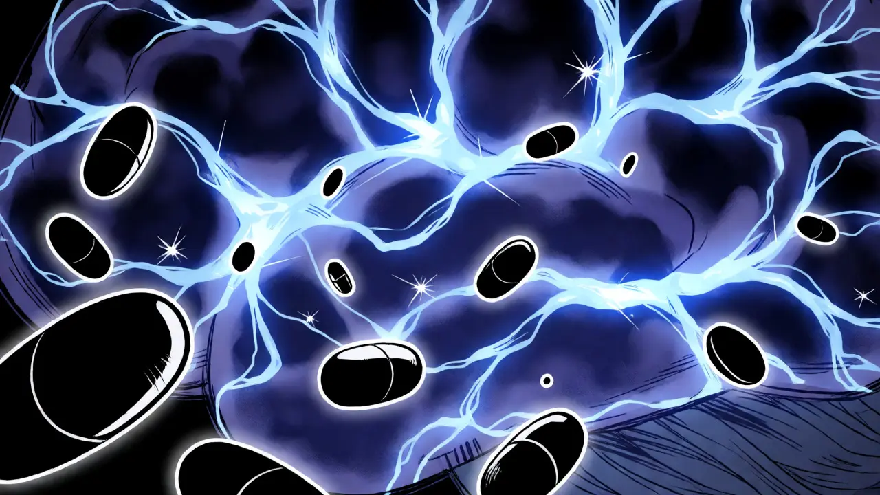 Visual metaphor of brain neural networks overwhelmed by floating pills